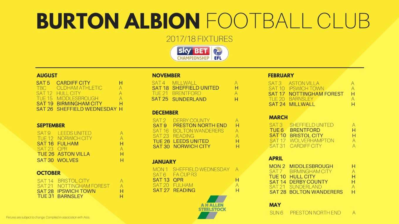 The Full 2017 18 Fixture List News Burton Albion