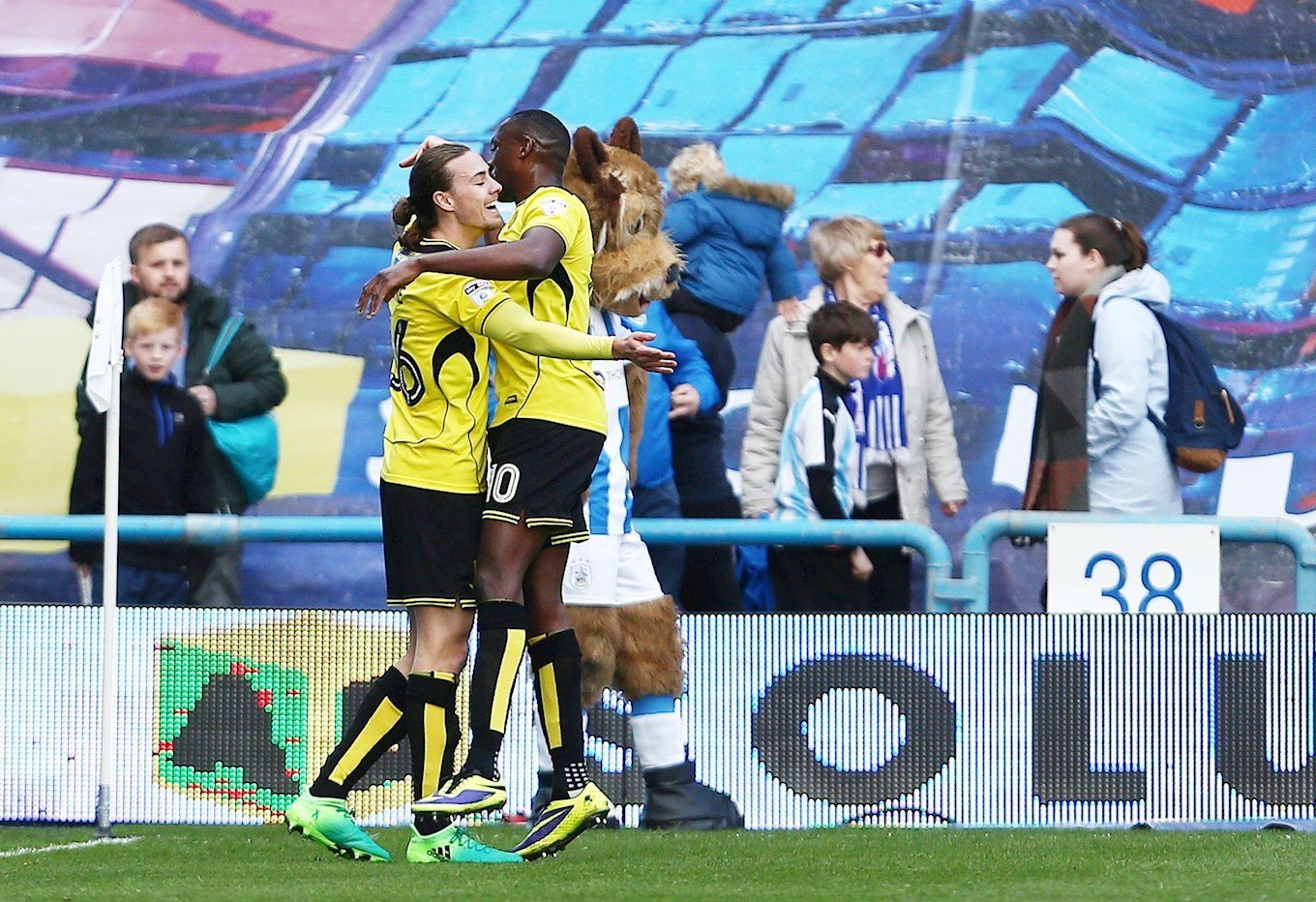 Jackson Irvine of Burton Albion celebrates scoring the opening goal with Lucas Akins during the Sky Bet Championship match between Huddersfield Town and Burton Albion played at the John Smith