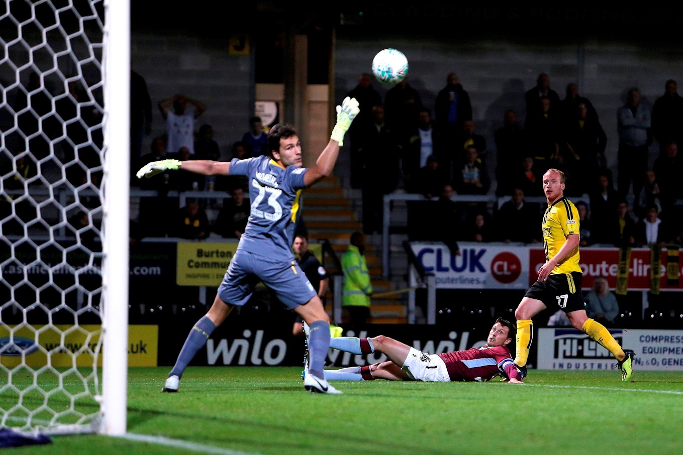 Liam Boyce scores the only goal of the game as Burton Albion defeat Championship side Aston Villa in the second round of the Carabao Cup at the Pirelli Stadium
